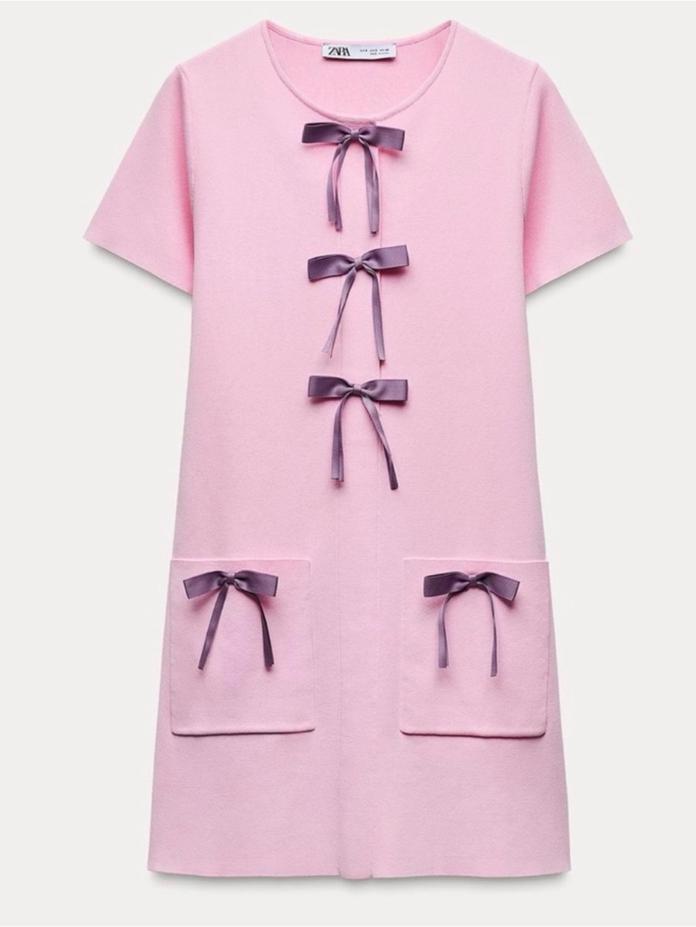 Zara Pink Short-Sleeve Bow-Detail Shift Dress
